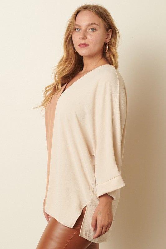 Plus Women's Color Block neutral top in oatmeal and cream - Esme and Elodie