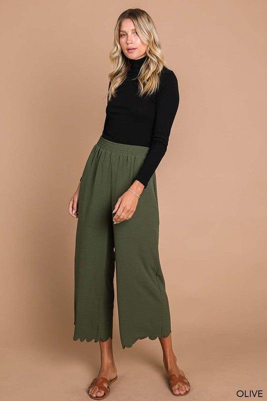 Scallop edge wide leg pant in army green - Esme and Elodie