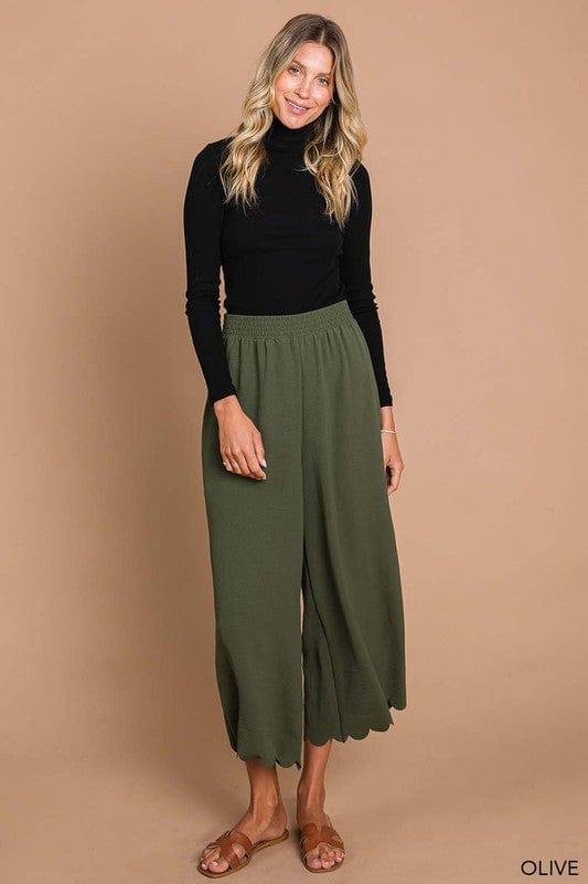 Scallop edge wide leg pant in army green - Esme and Elodie