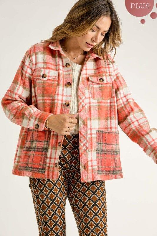 Plus Women's Coral Camel Plaid Shacket - Esme and Elodie