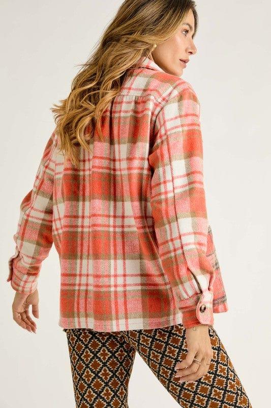 Plus Women's Coral Camel Plaid Shacket - Esme and Elodie