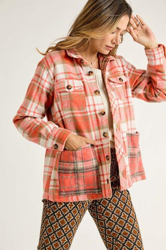 Plus Women's Coral Camel Plaid Shacket - Esme and Elodie