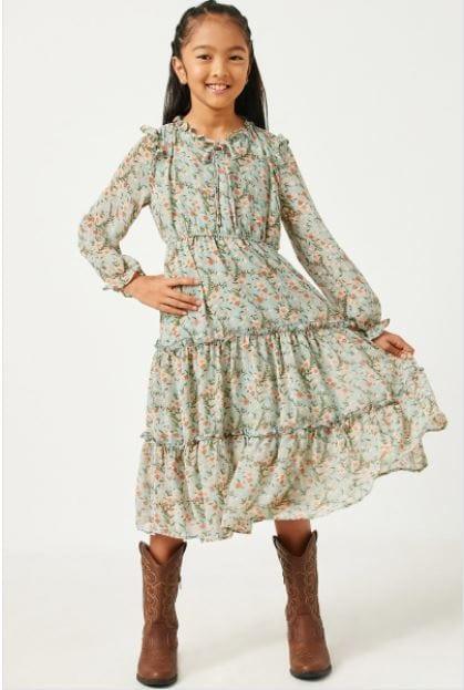 Cottage Wilderness- sage long sleeve kids maxi dress - Esme and Elodie