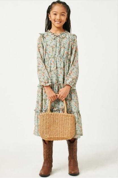 Cottage Wilderness- sage long sleeve kids maxi dress - Esme and Elodie