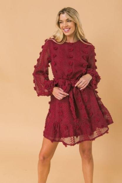 Cranberry Delight- pompom fabric mini dress - Esme and Elodie