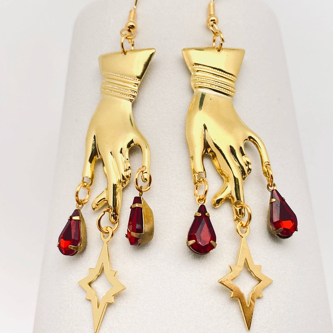 Mio Queena - Golden Hand Red Rhinestone Pendant Earrings Gothic Style