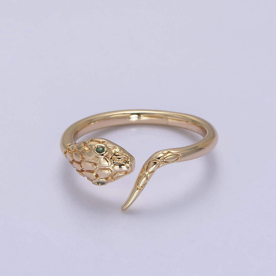 Dainty Gold Serpent Snake Head Ring with Green CZ Eye - Esme and Elodie