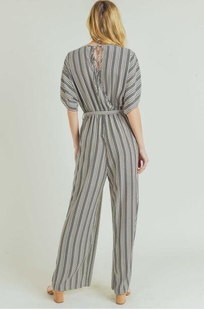 Daphne- womens black and taupe striped jumpsuit - Esme and Elodie