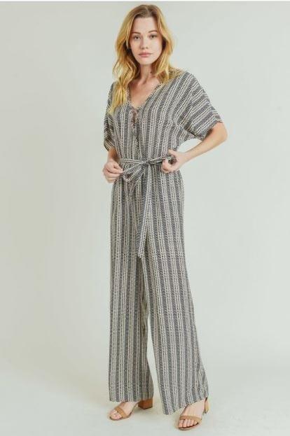 Daphne- womens black and taupe striped jumpsuit - Esme and Elodie