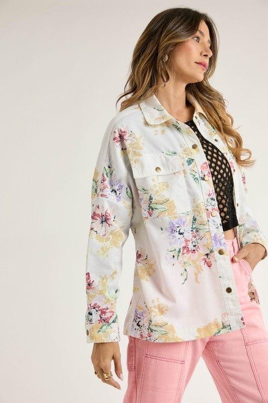 Women's Davi & Dani Lightweight Denim White Floral Cream Beige Snap Button Shirt - Esme and Elodie