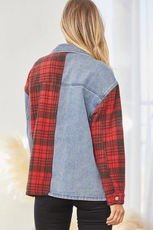 Plus Women's Denim and Plaid Jacket with contrasting Collar - Esme and Elodie