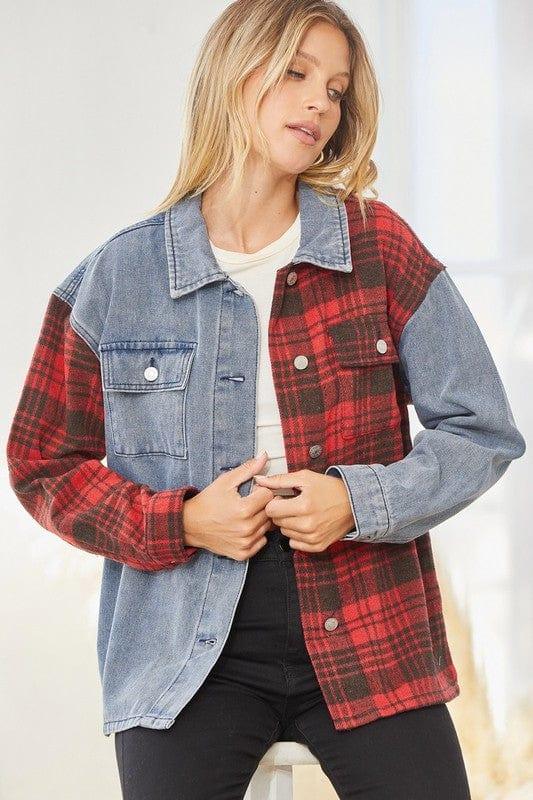 Plus Women's Denim and Plaid Jacket with contrasting Collar - Esme and Elodie