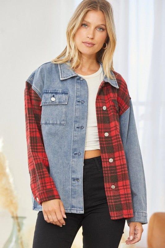 Plus Women's Denim and Plaid Jacket with contrasting Collar - Esme and Elodie