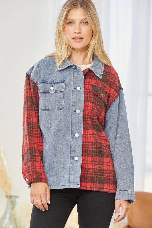 Plus Women's Denim and Plaid Jacket with contrasting Collar - Esme and Elodie