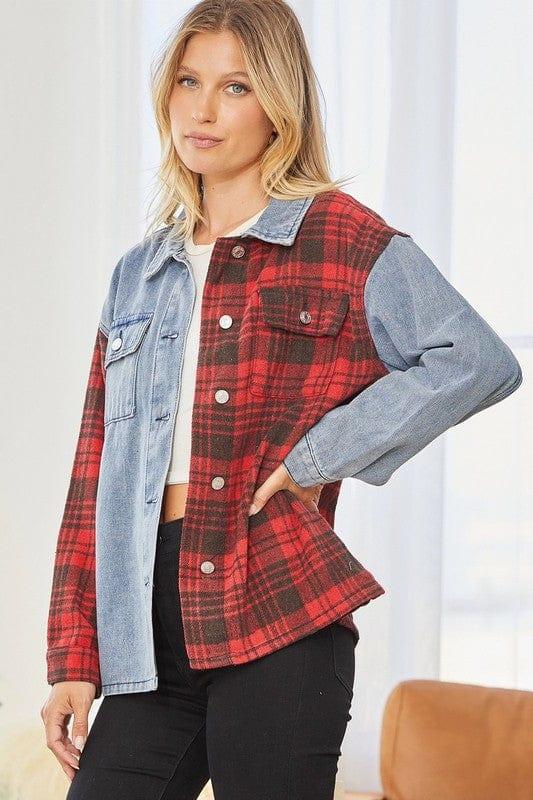 Plus Women's Denim and Plaid Jacket with contrasting Collar - Esme and Elodie