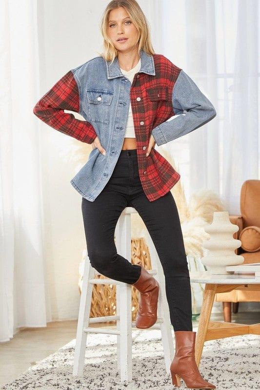 Plus Women's Denim and Plaid Jacket with contrasting Collar - Esme and Elodie