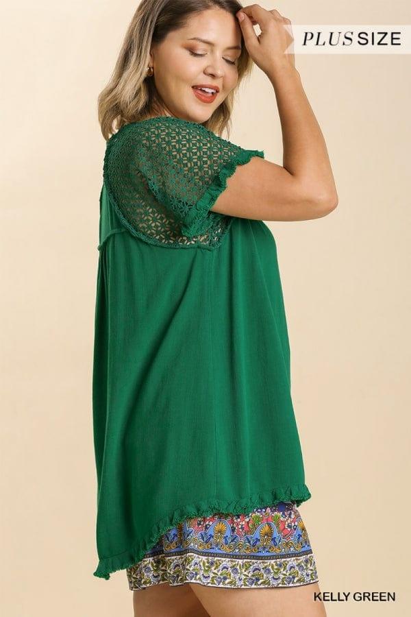 Emerald linen plus size top with round neck and fringe hem - Esme and Elodie