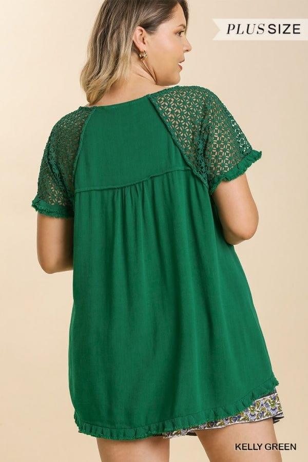Emerald linen plus size top with round neck and fringe hem - Esme and Elodie