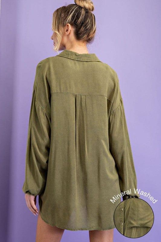 Essential long sleeve button up mineral olive wash - Esme and Elodie