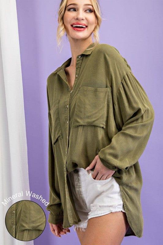 Essential long sleeve button up mineral olive wash - Esme and Elodie