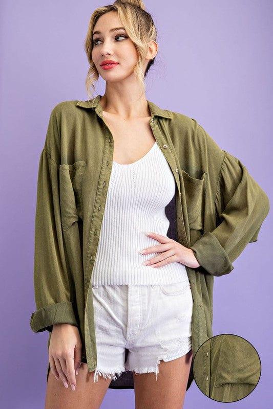 Essential long sleeve button up mineral olive wash - Esme and Elodie
