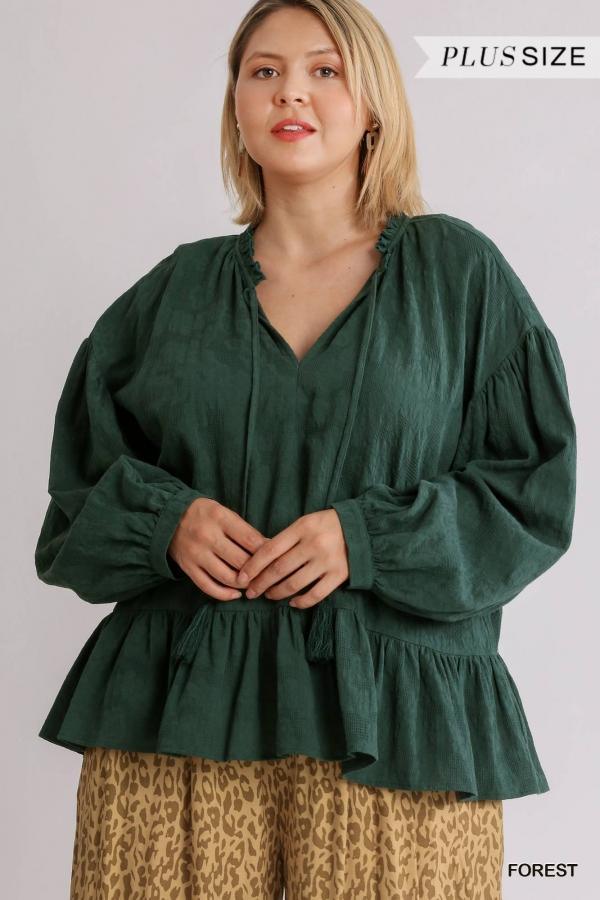 Evergreen Forest- plus size peasant top with peplum ruffle - Esme and Elodie