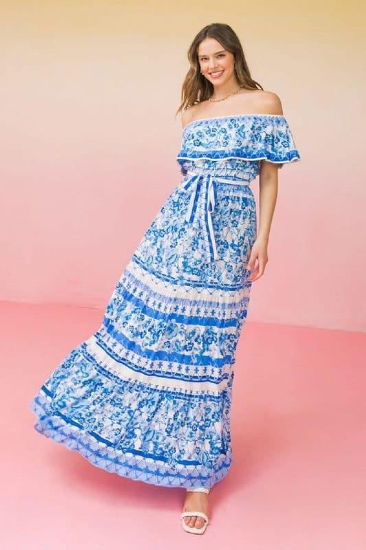 Fine China- women printed elastic shoulder flounce sleeve - Esme and Elodie