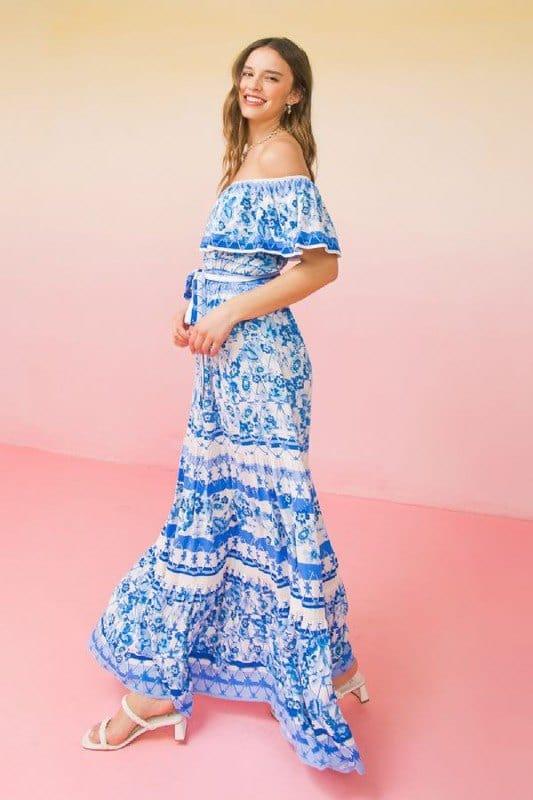 Fine China- women printed elastic shoulder flounce sleeve - Esme and Elodie