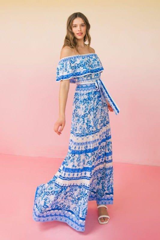 Fine China- women printed elastic shoulder flounce sleeve - Esme and Elodie