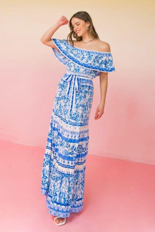 Fine China- women printed elastic shoulder flounce sleeve - Esme and Elodie