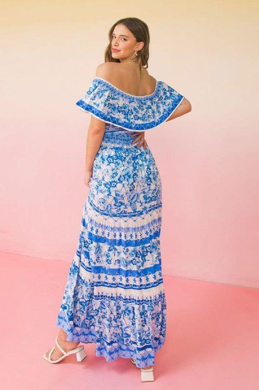 Fine China- women printed elastic shoulder flounce sleeve - Esme and Elodie