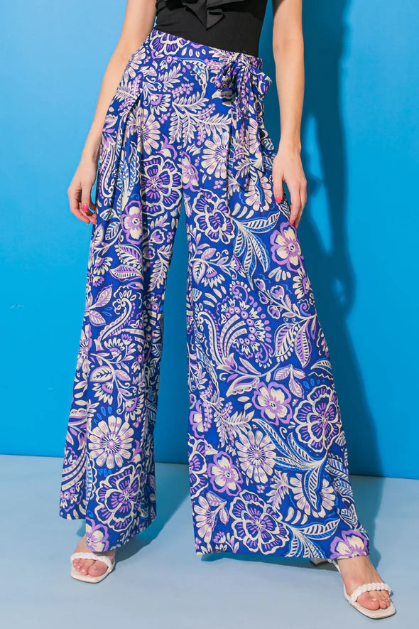 Women's Flying Tomato Pleated front wide leg floral pant - Royal blue, cream and lavender floral