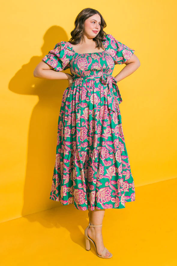 Plus Size ankle length dress smocked bodice in teal and pink beige floral motif Flying Tomato