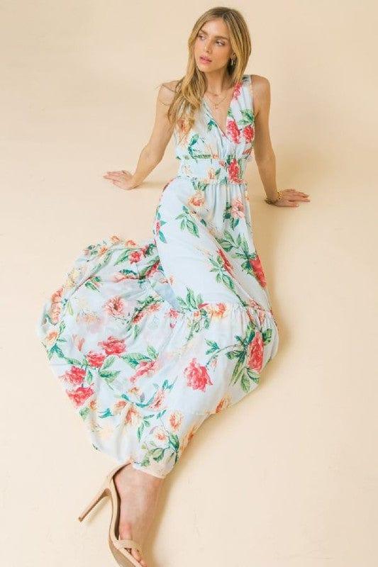 Floral Frenzy- womens vneck maxi dress open back tiered skirt - Esme and Elodie