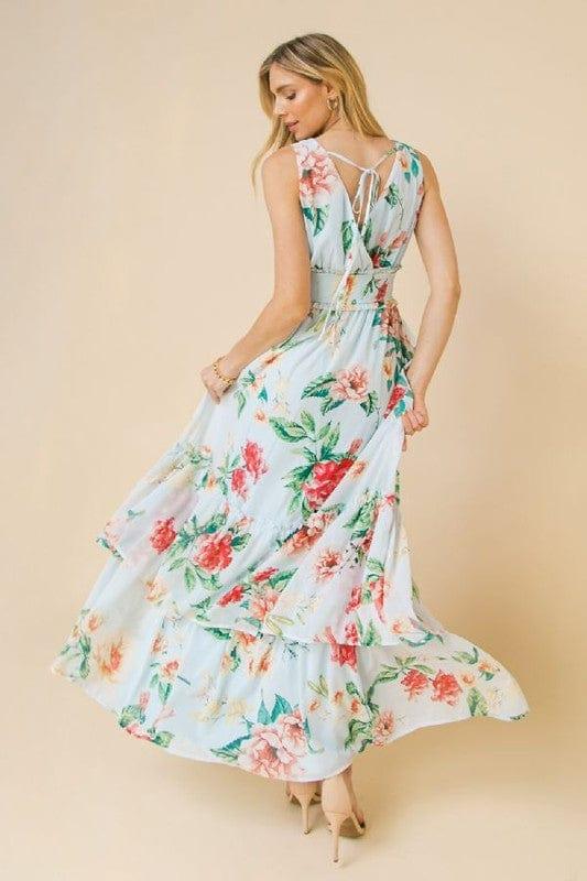 Floral Frenzy- womens vneck maxi dress open back tiered skirt - Esme and Elodie