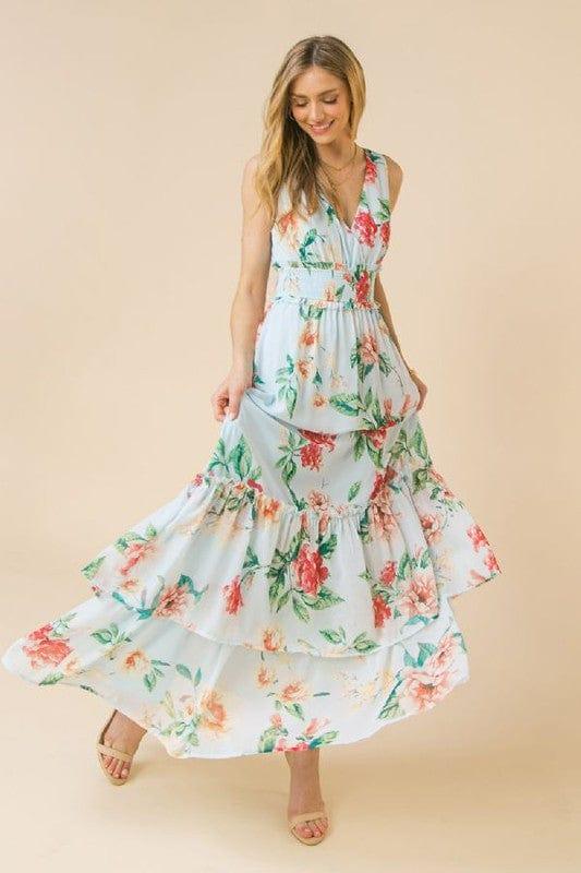 Floral Frenzy- womens vneck maxi dress open back tiered skirt - Esme and Elodie