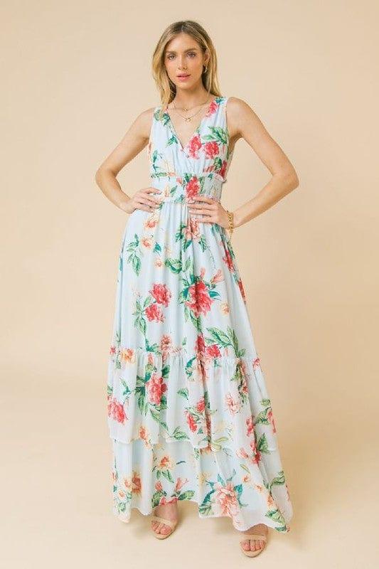 Floral Frenzy- womens vneck maxi dress open back tiered skirt - Esme and Elodie