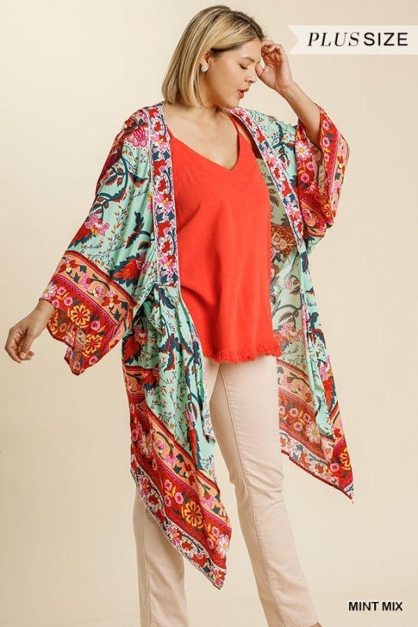 Floral print open front kimono in mint - Esme and Elodie