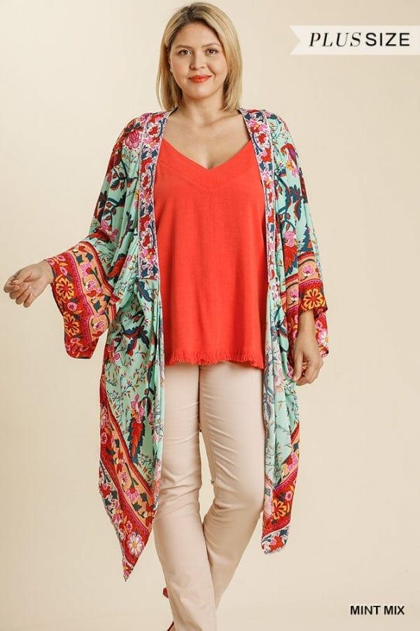 Floral print open front kimono in mint - Esme and Elodie