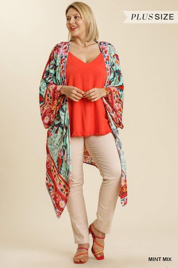 Floral print open front kimono in mint - Esme and Elodie
