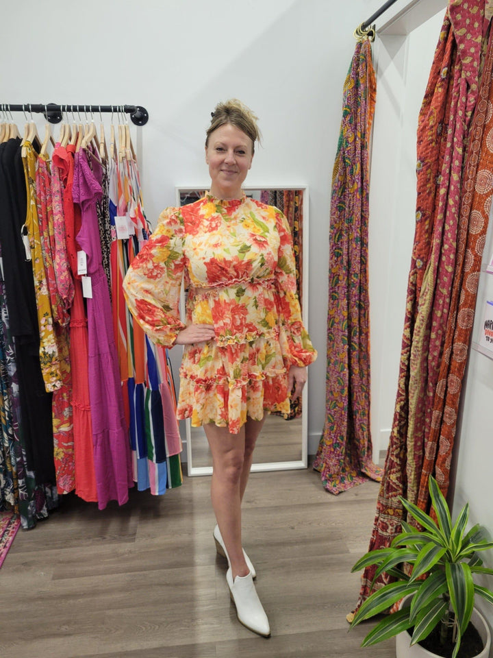 Floral Sunshine- printed woven minidress with highneckline - Esme and Elodie