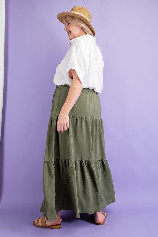 Plus Women's Forest Revere- plus size maxi skirt tiered elastic waist in olive - Esme and Elodie