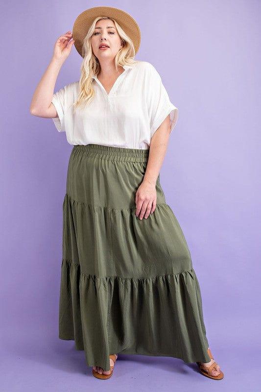 Plus Women's Forest Revere- plus size maxi skirt tiered elastic waist in olive - Esme and Elodie