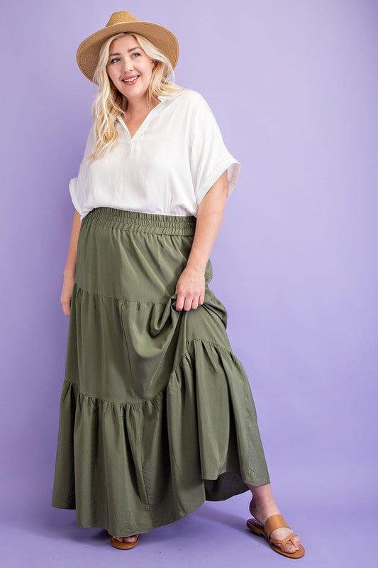 Plus Women's Forest Revere- plus size maxi skirt tiered elastic waist in olive - Esme and Elodie