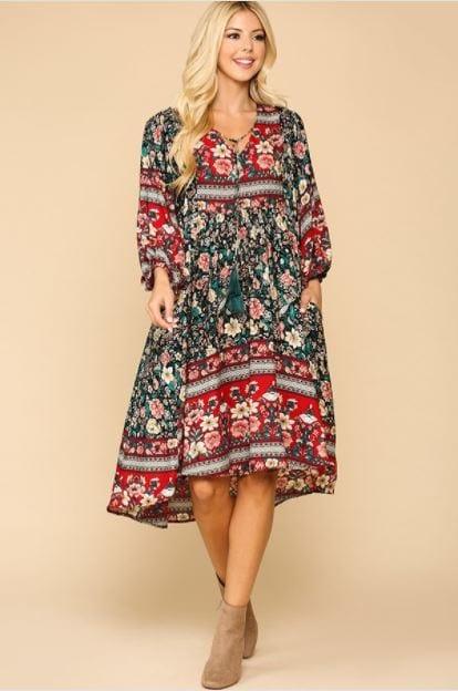 Free Spirit- women's rad and black multi colored floral midi dress - Esme and Elodie