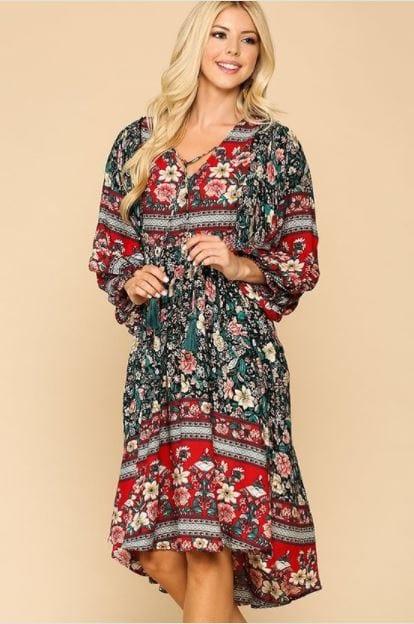 Free Spirit- women's rad and black multi colored floral midi dress - Esme and Elodie