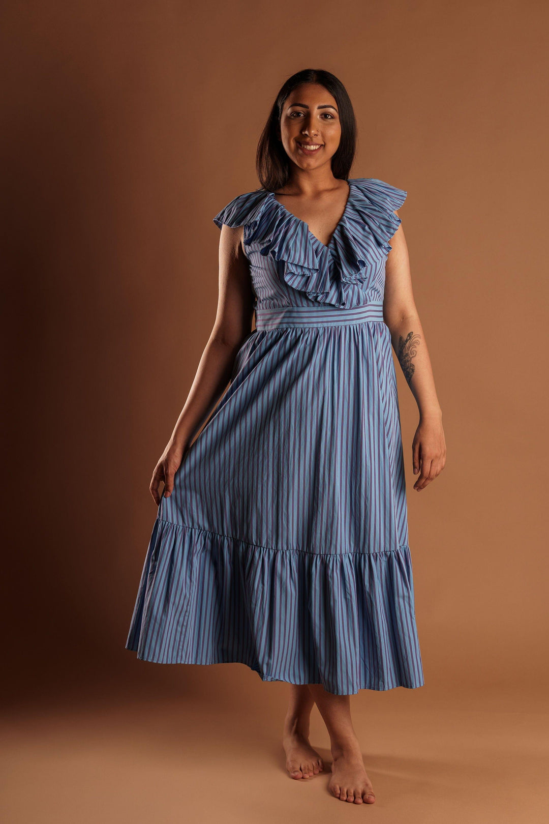 French Blue and purple striped midi dress with vneck ruffle - Esme and Elodie