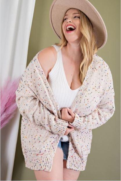 Funfetti- plus size beige and rainbow speckled cardigan - Esme and Elodie
