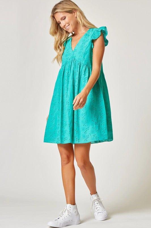 Grace- womens aquar ruffle sleeve v-neck eyelet dress - Esme and Elodie