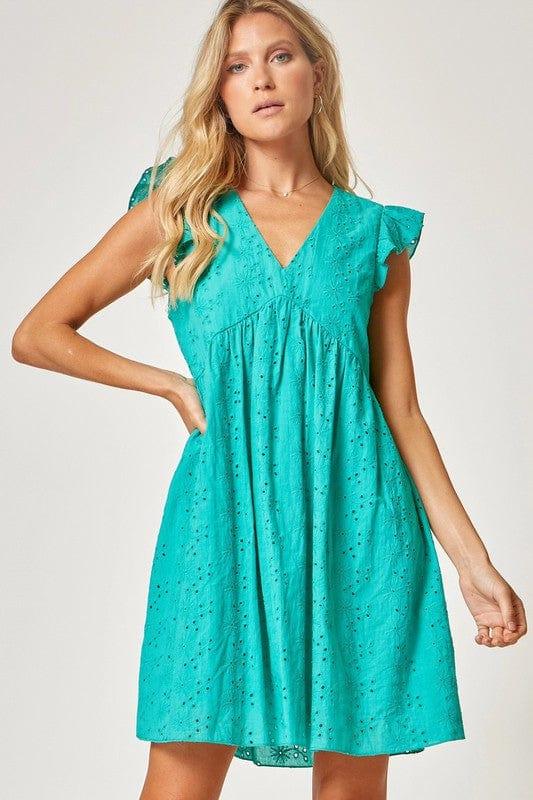 Grace- womens aquar ruffle sleeve v-neck eyelet dress - Esme and Elodie